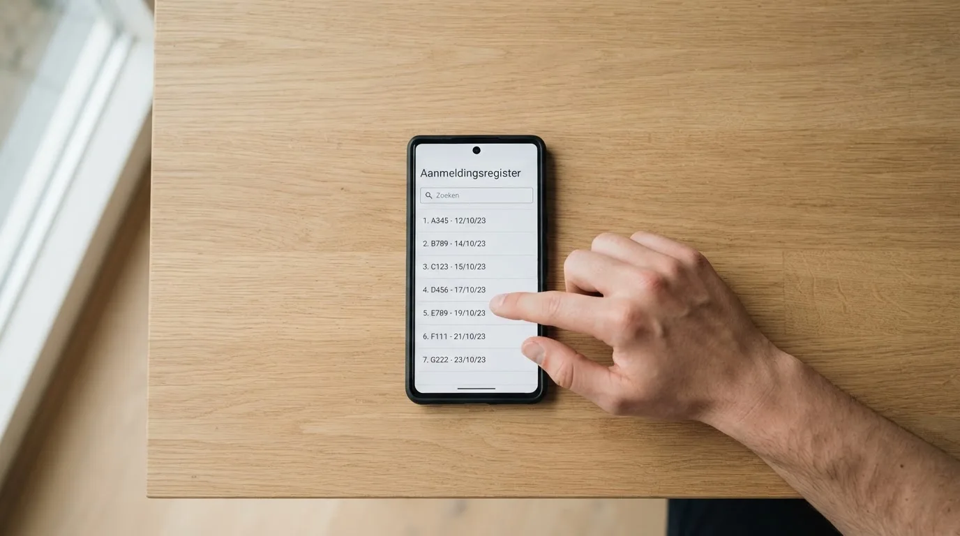 Een hand controleert het vergunningnummer van een casino in een online register