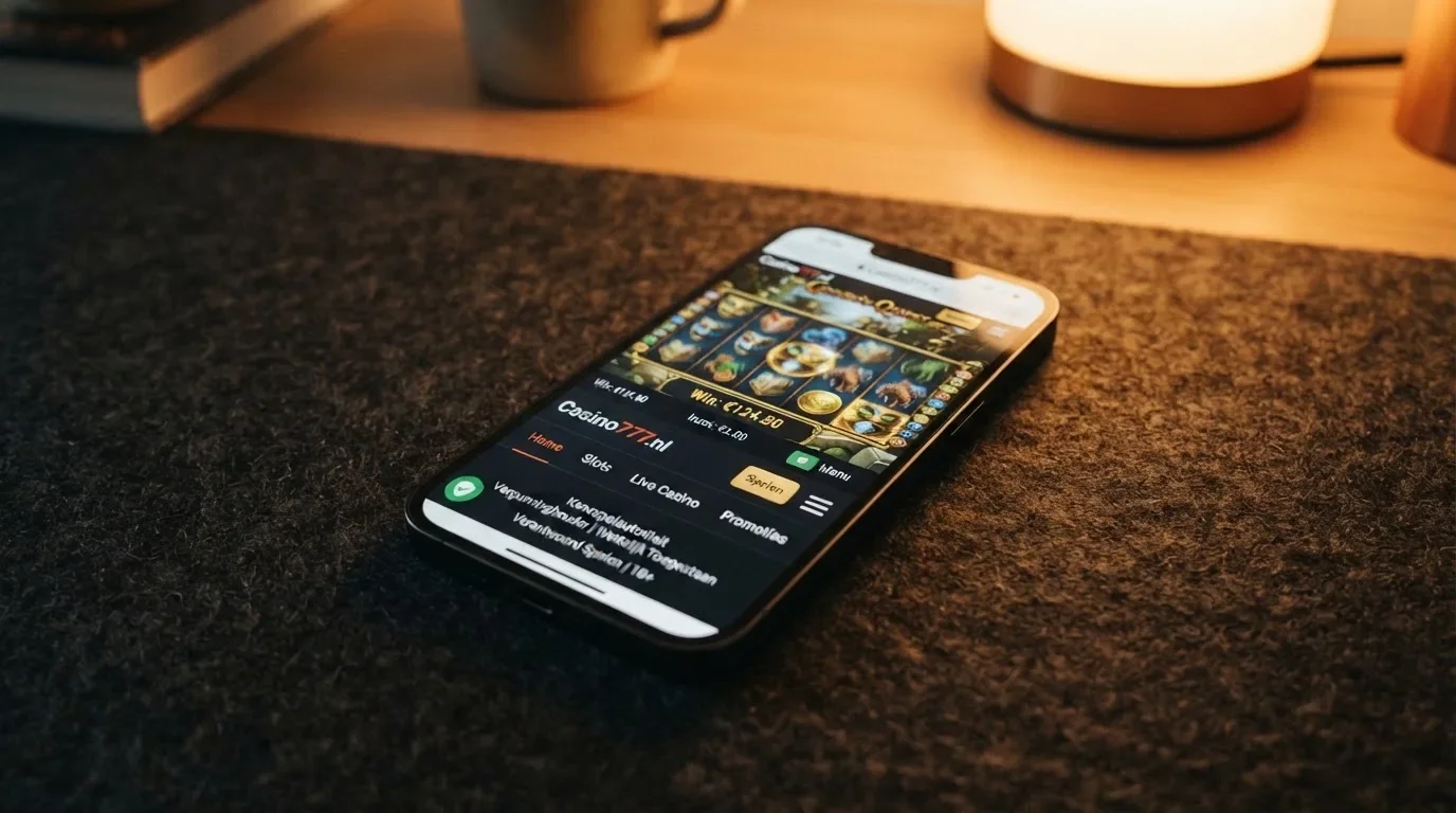 Het logo van de Kansspelautoriteit op een iPhone-scherm naast een geopende casinopagina met een slot