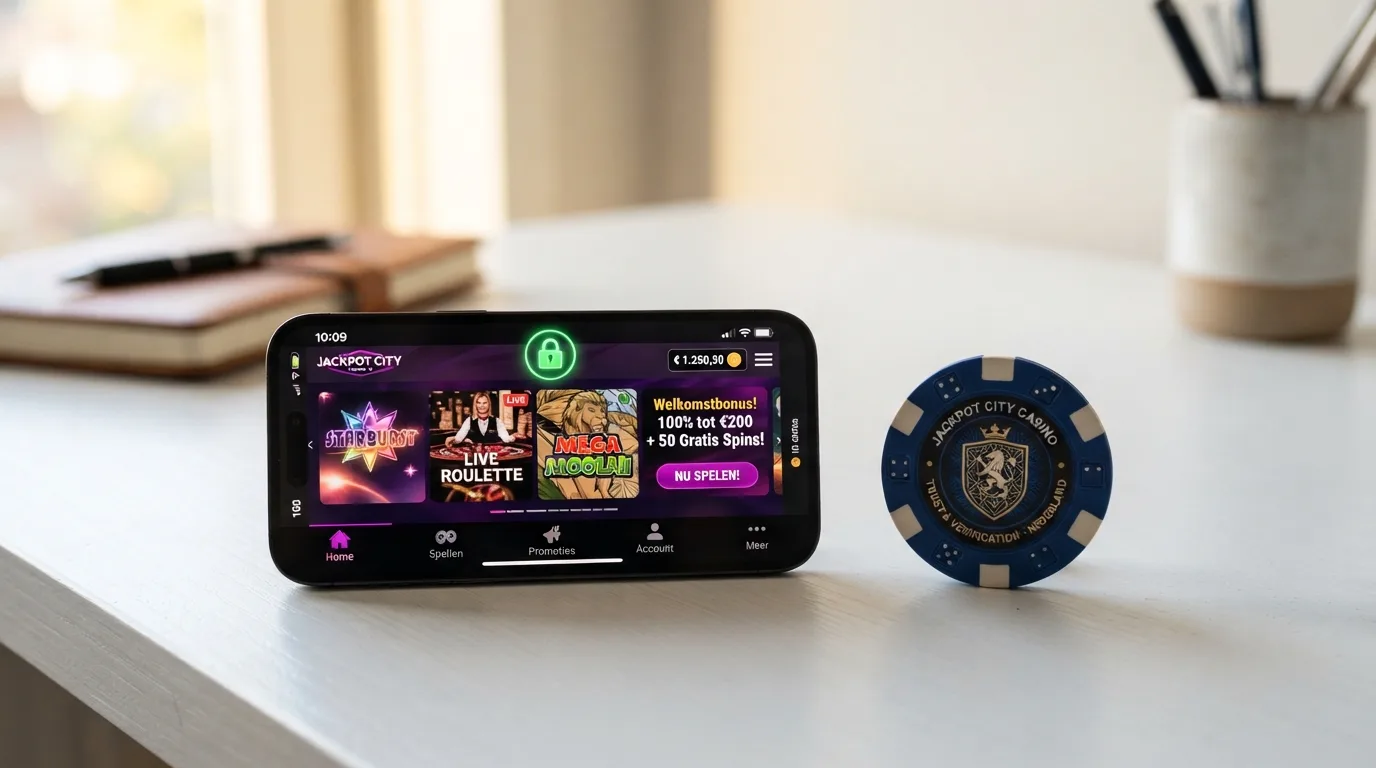 Het logo van de Kansspelautoriteit naast een smartphone die een casino app toont met een slotje in de statusbalk.