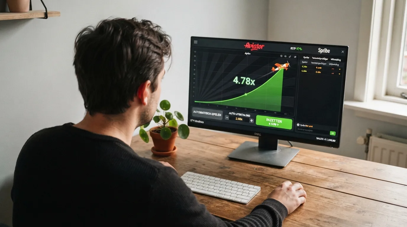 Het Aviator-spel op een computerscherm in een Nederlandse thuissituatie