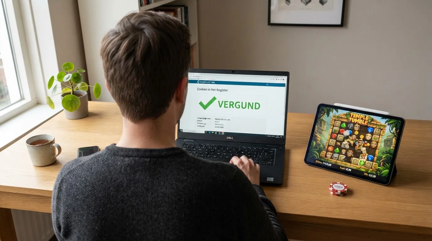 Het logo van de Kansspelautoriteit naast een vergunningdocument met een Nederlands wapen of waarmerk, en op de achtergrond een scherm met een Megaways-gokkast die het slot 'Gonzo's Quest Megaways' toont