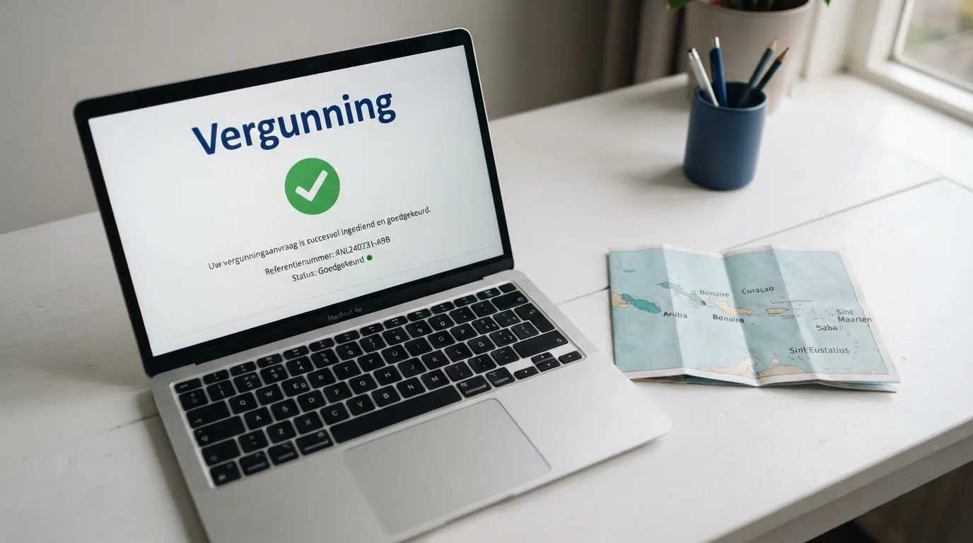 Officieel vergunningsdocument naast een kaart van het Caribisch gebied