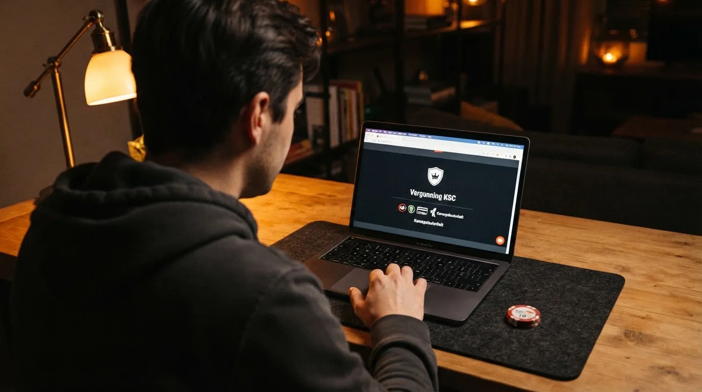 Het logo van de Belgische Kansspelcommissie naast een voorbeeld van een A+-vergunningscertificaat met zichtbaar vergunningnummer