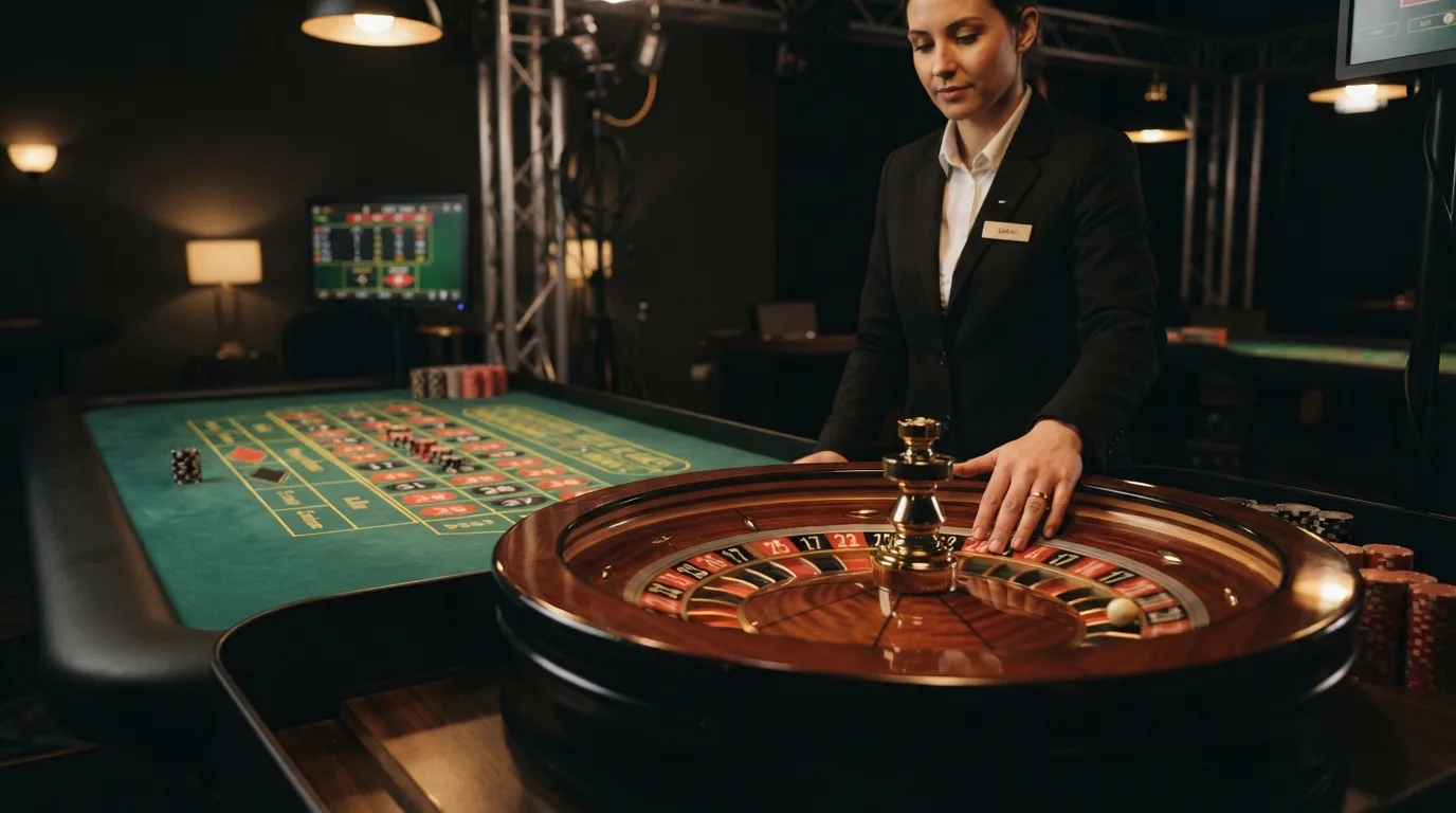Een live roulette-tafel met een Nederlandstalige dealer in een online casino-omgeving, 's nachts gefilmd