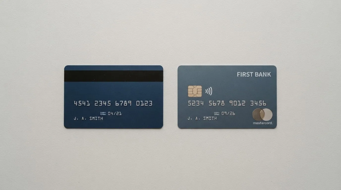 Twee betaalpassen naast elkaar: een Maestro-pas en een Debit Mastercard