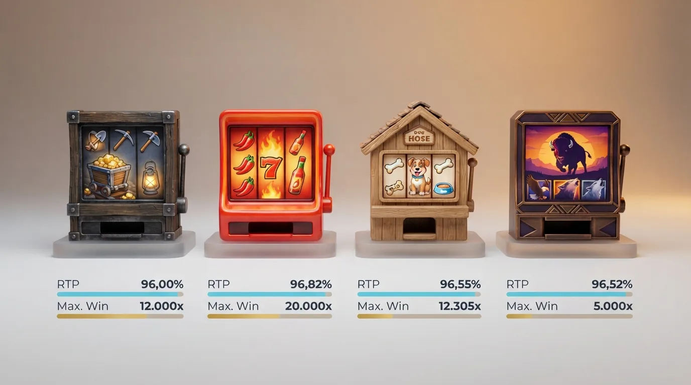 Een visuele vergelijking van drie tot vijf Megaways-gokkasten, elk met hun thematische ontwerp (mijnbouw, chilipepers, hondenmand, buffels) en een grafiek die RTP en maximale winst per titel aanduidt