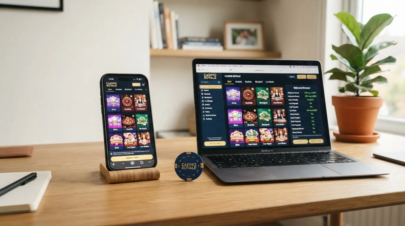 Een smartphone met een open casino-app naast een laptop met dezelfde casinopagina in de browser