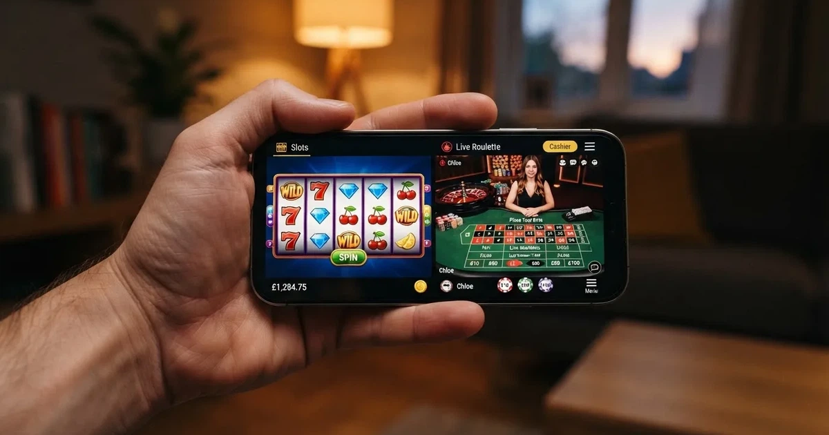 Een hand houdt een smartphone vast met een gokkast en een live-dealertafel op het scherm