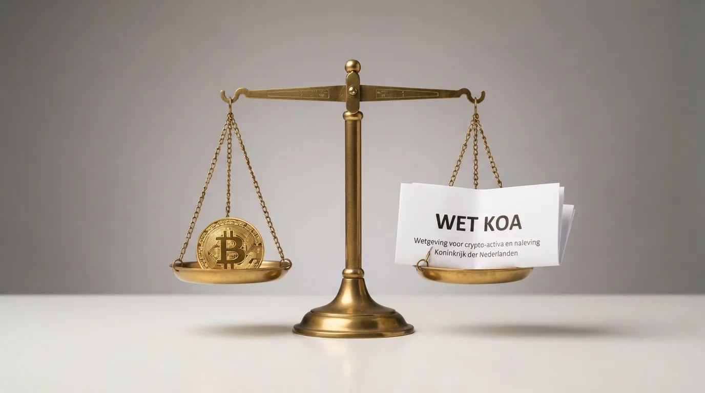 Een weegschaal met aan de ene kant een bitcoin en aan de andere kant een document met het opschrift 'Wet Koa', tegen een neutrale achtergrond