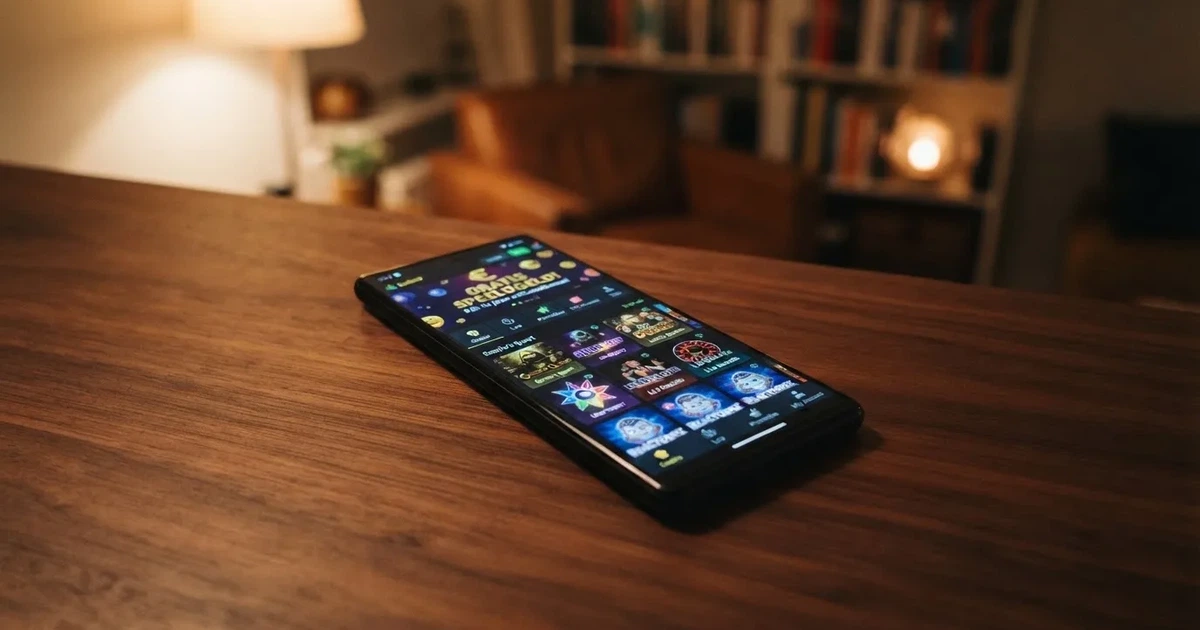 Een smartphone toont een online casinolobby met een prominente promotie voor gratis speelgeld