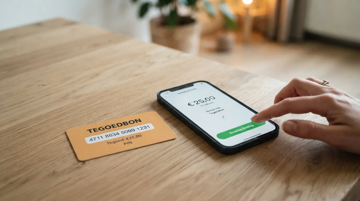 Een paysafecard met 16-cijferige pincode naast een smartphone waarop het iDEAL-betaalscherm zichtbaar is
