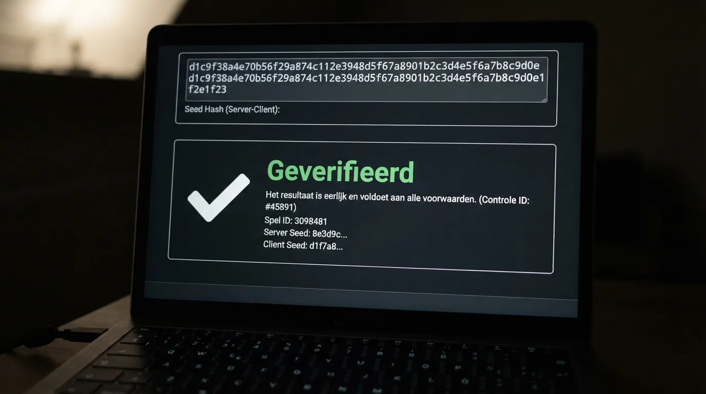 Scherm met een provably-fair-hash en een controlecijfer