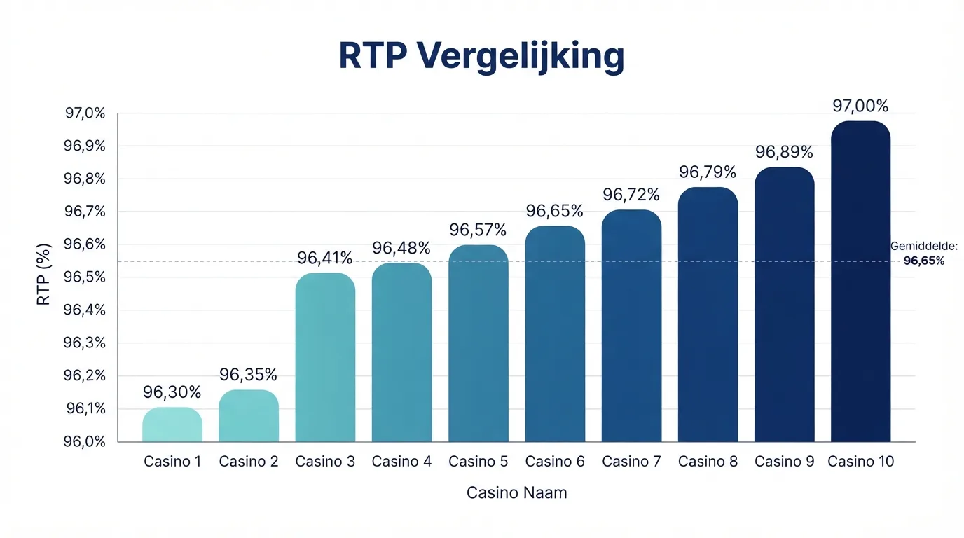 Een grafiek die de RTP-percentages van de besproken Belgische online casino's naast elkaar toont, van 96,30% tot 97,00%