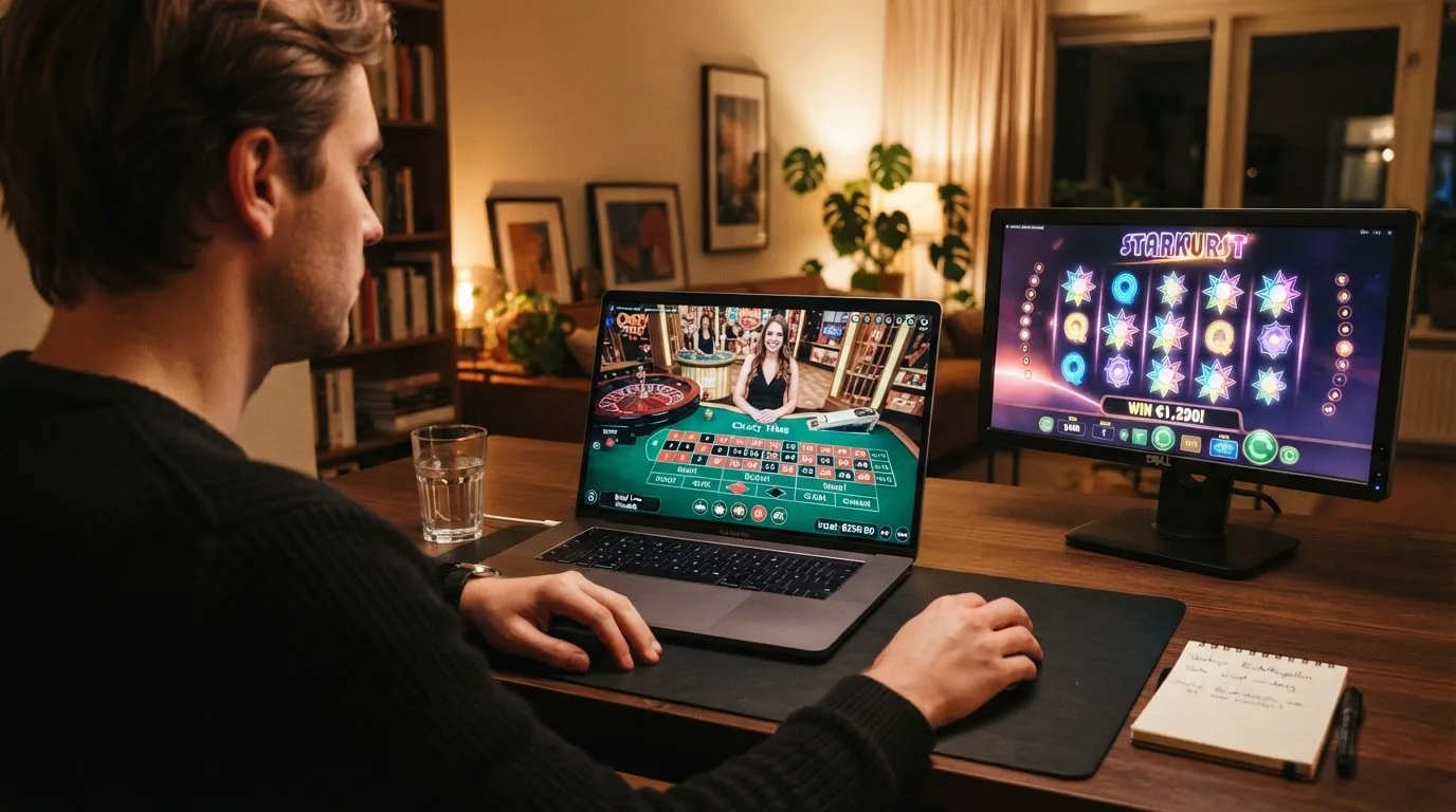 Een live roulette-tafel en kleurrijke gokkasten op het scherm van een Nederlands online casino