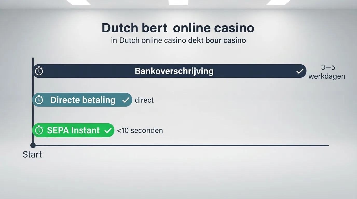 Een visuele tijdlijn die de verwerkingstijd van een bankoverschrijving (3–5 werkdagen) afzet tegen iDEAL (direct) en SEPA Instant (<10 seconden).