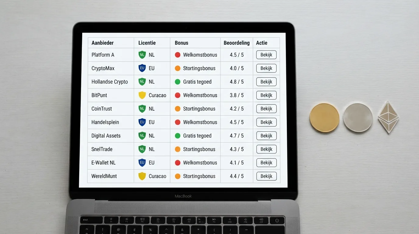 Een overzichtelijke vergelijkingstabel met cryptovaluta-logo's en licentiekeurmerken op een scherm