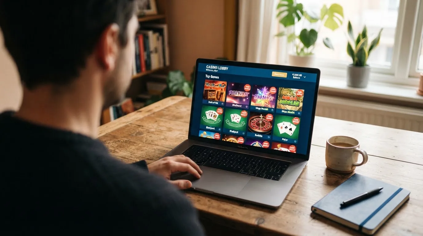 Een vergelijkingstabel op een laptopscherm met tien casinorijen en kolommen voor bonus, vergunning en betaalmethode