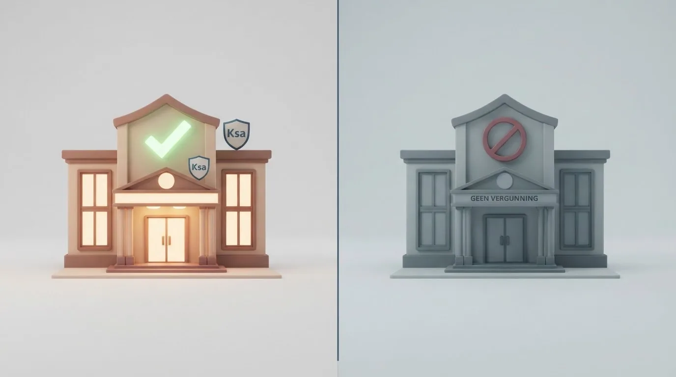 Twee panelen: links een casino met het label Ksa-vergunning, rechts een casino met het label geen Nederlandse vergunning