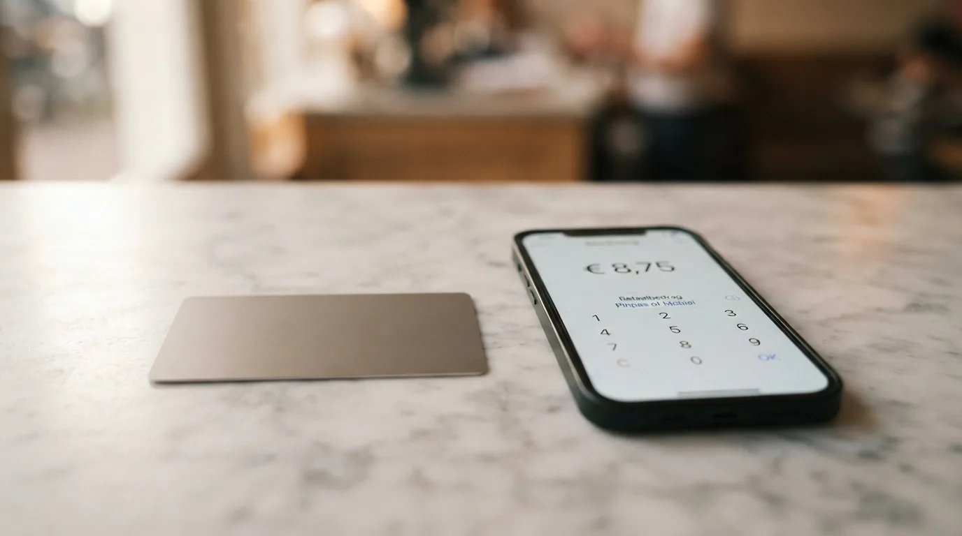 Een betaalpas naast een telefoon met de Klarna-app en een casino-interface